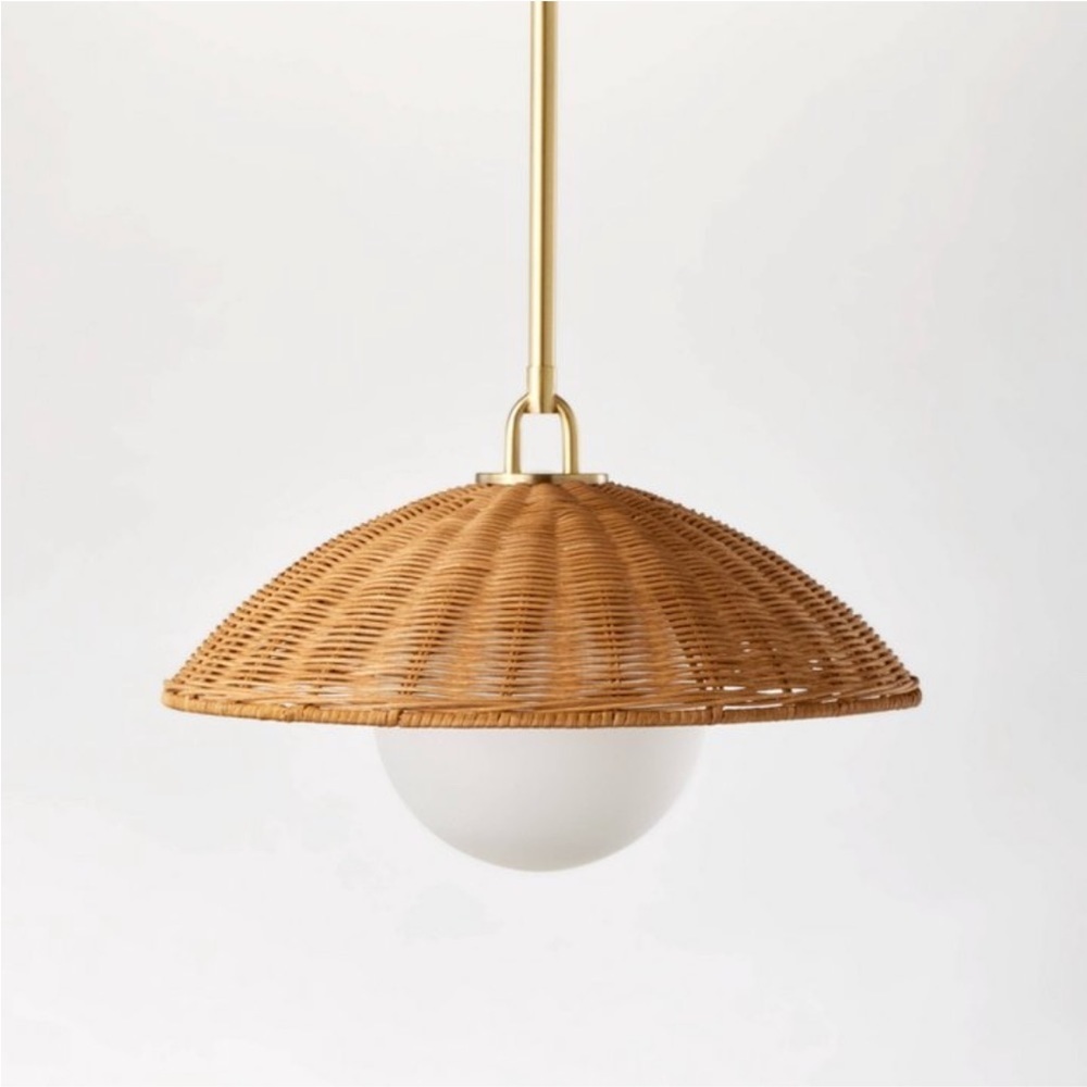 NWT Studio McGee Wicker Dome Pendant with Opal Glass Ball Ceiling Light